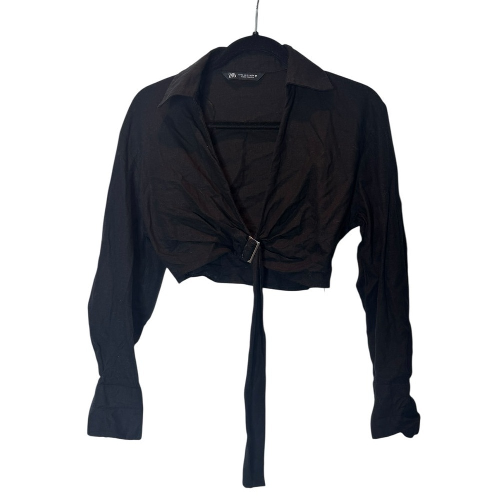 ZARA Black Belted Wrap Crop Top XS | Long Sleeve Button Cuff Tie Front Shirt